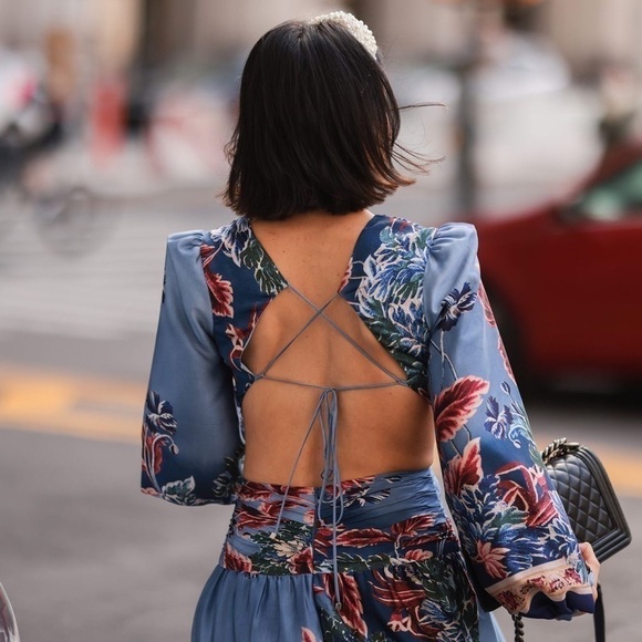 PatBO Dress Gilly Print Cut-Out Maxi Floral Open Back Slit Vacation Blue 8 NWT - Picture 11 of 13